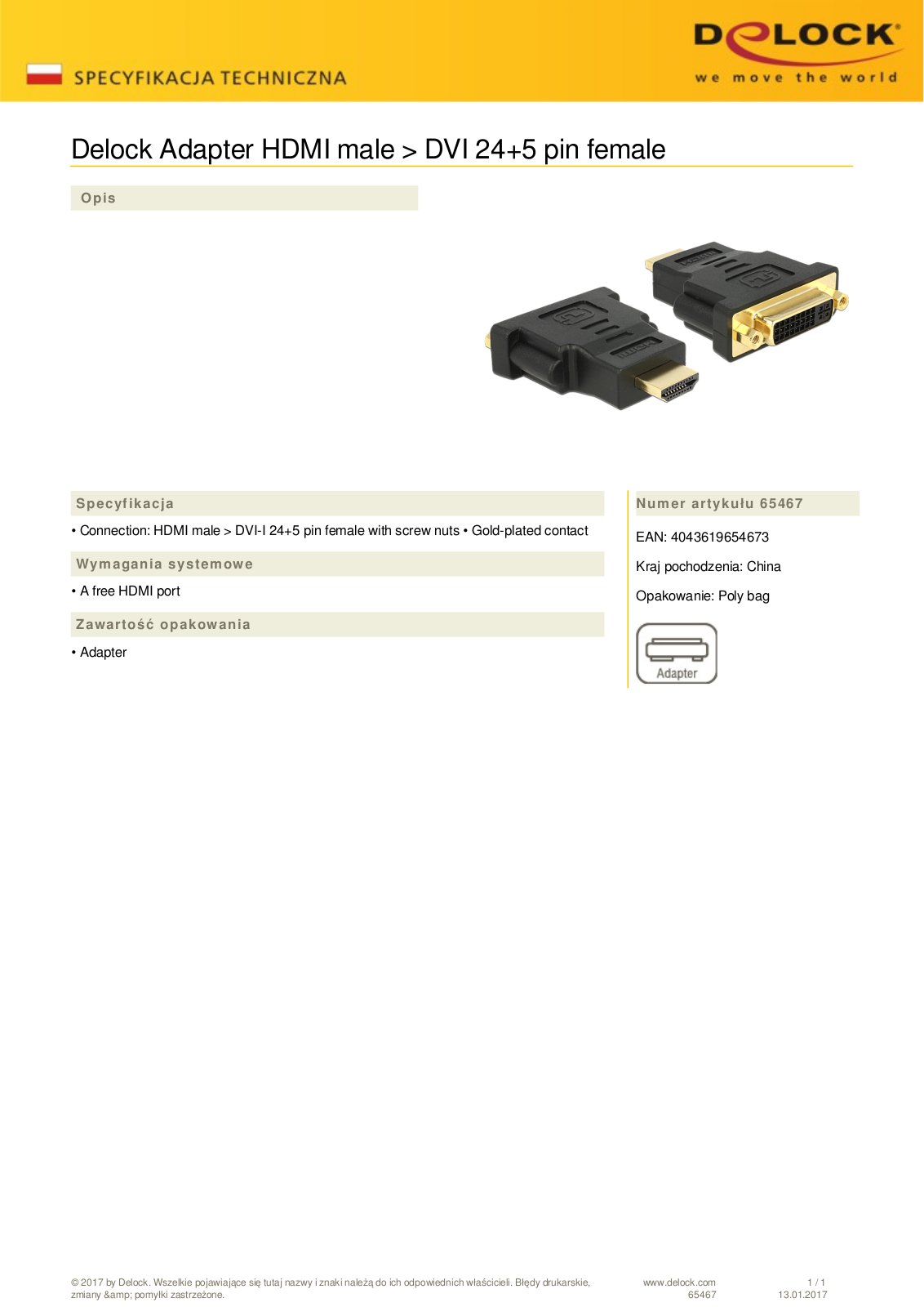 DeLOCK HDMI  plug  on DVI-I  socket  adapter User Manual