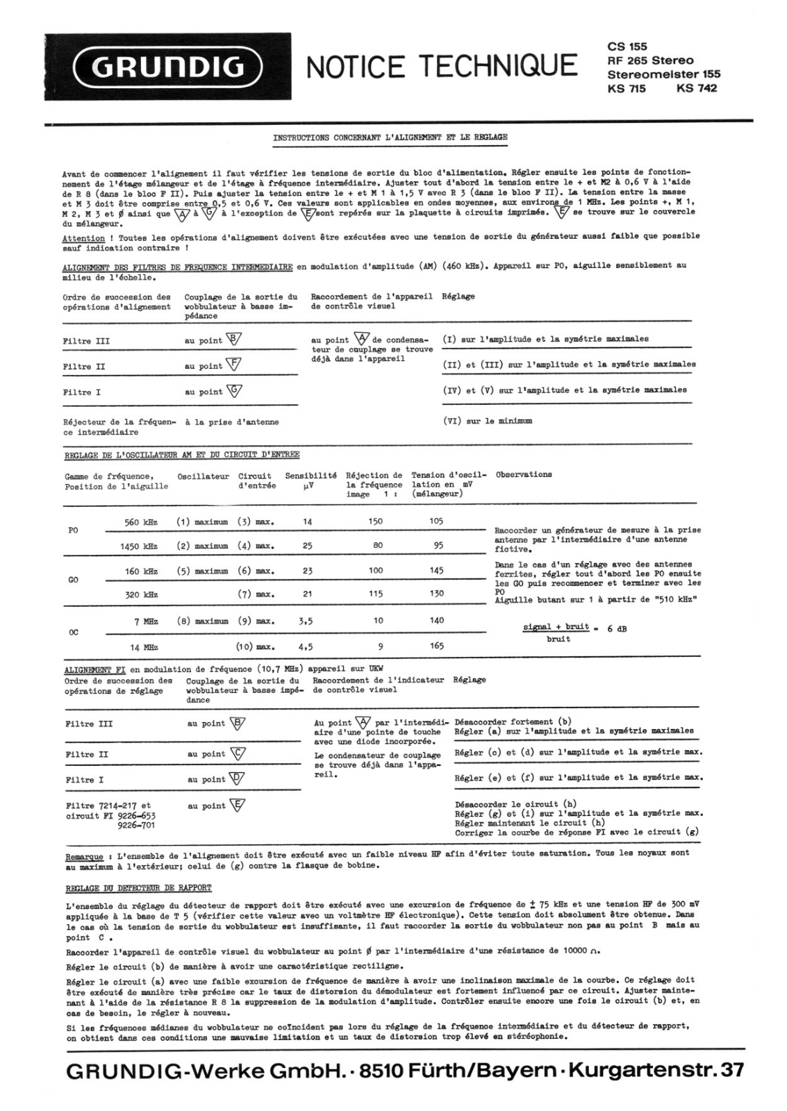 Grundig Stereomeister-155, RF-265-STEREO, KS-742, KS-715, CS-155 Service Manual