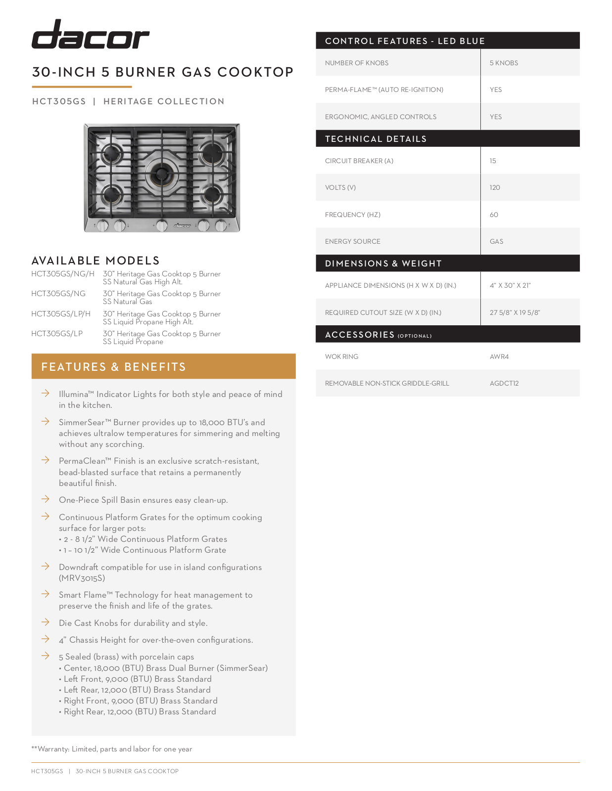 Dacor HCT305GSNGH Specifications