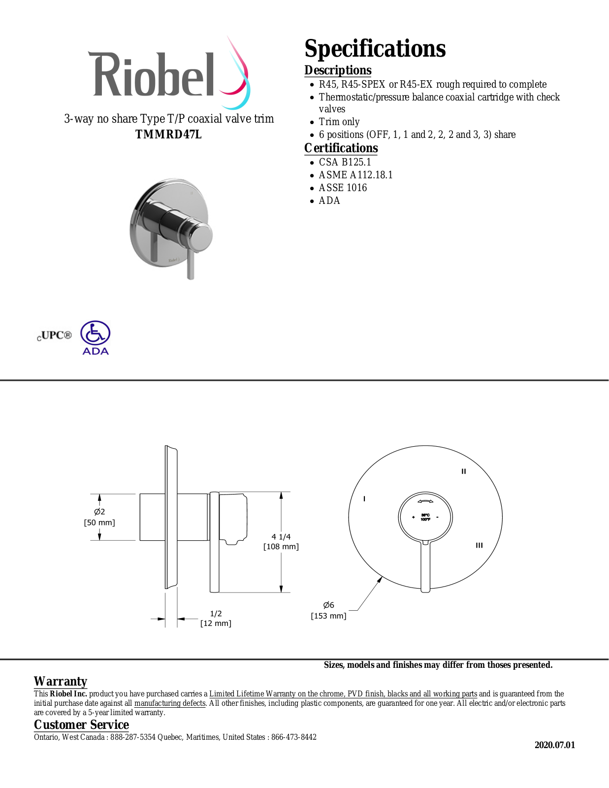 Riobel TMMRD47LC, TMMRD47LBN, TMMRD47LBGBK, TMMRD47LBK, TMMRD47LBNBK Specifications - ManualMachine.com
