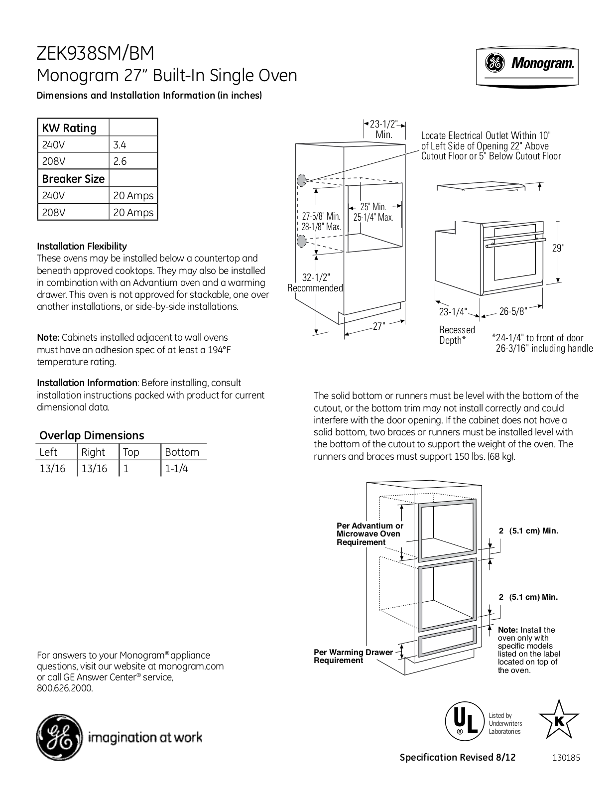 Monogram ZEK938SMSS Specifications