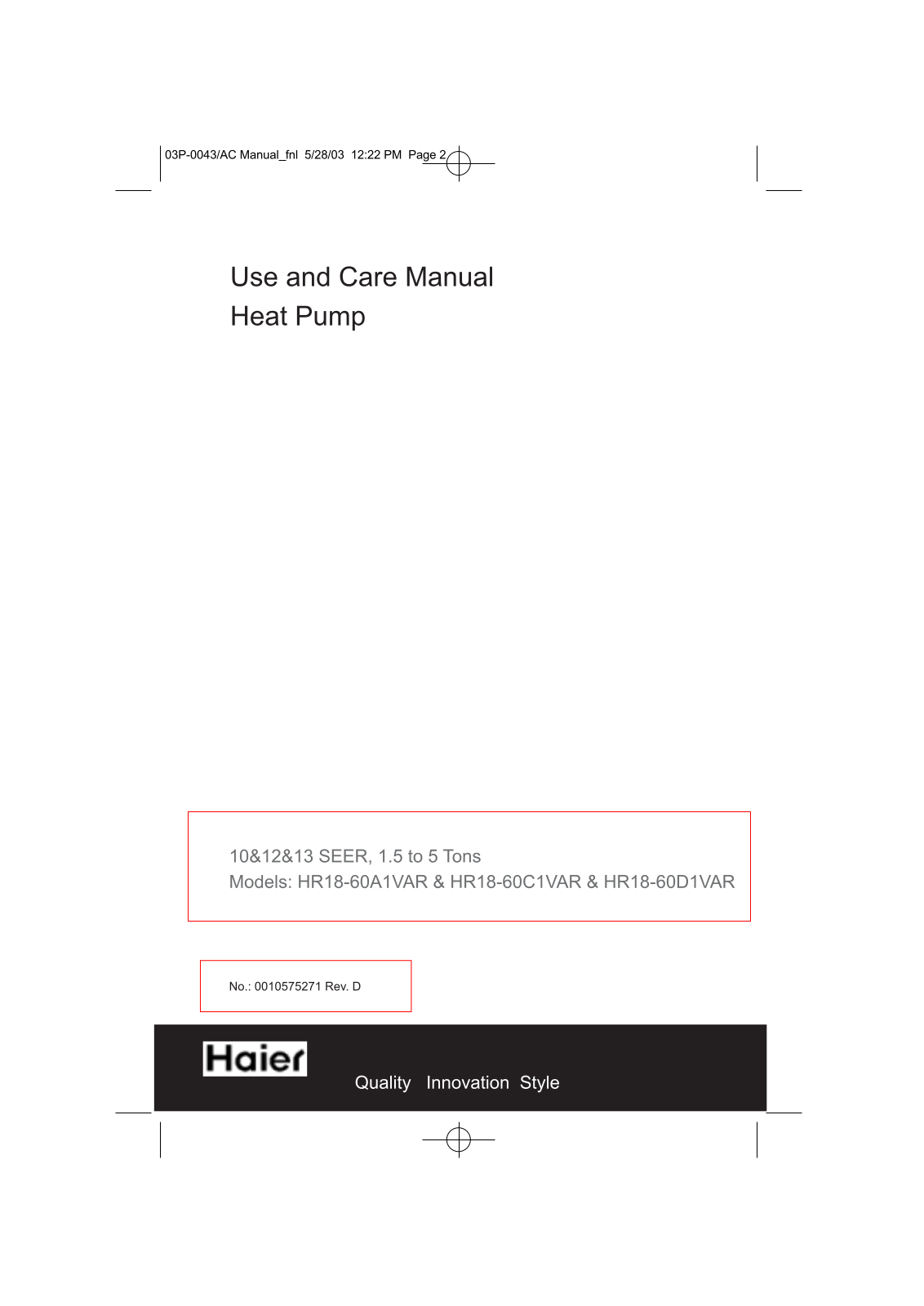 Haier HR18-60D1VAR User Manual