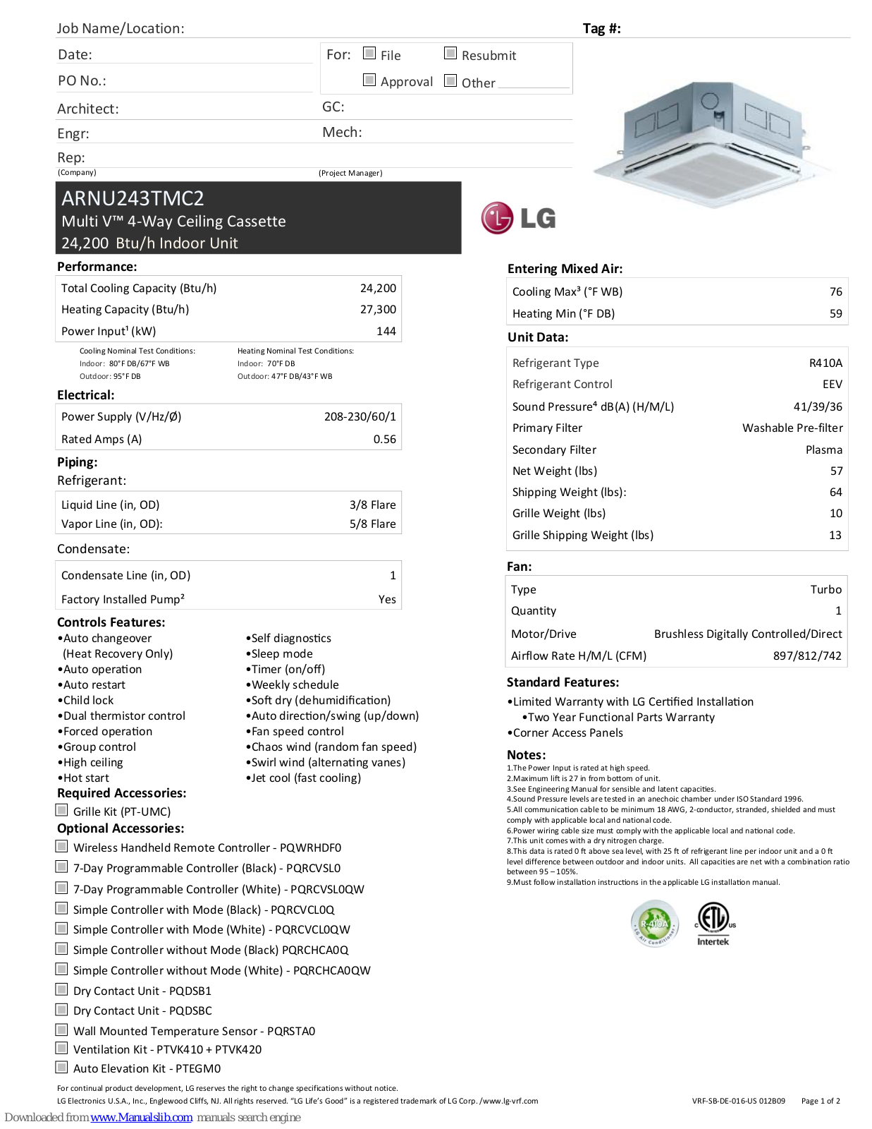 LG ARNU243TMC2 Quick Manual