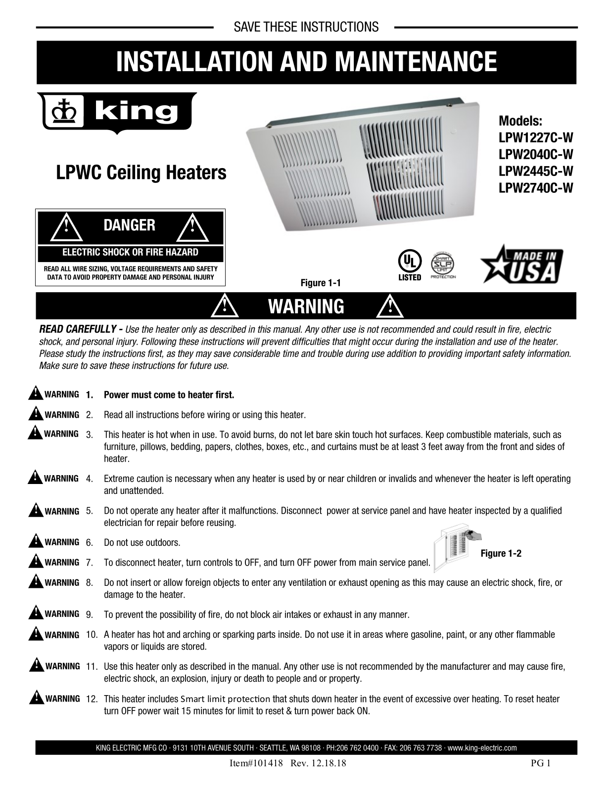 King LPW2040C-W, LPW1227C-W, LPW2740C-W, LPW2445C-W User Manual