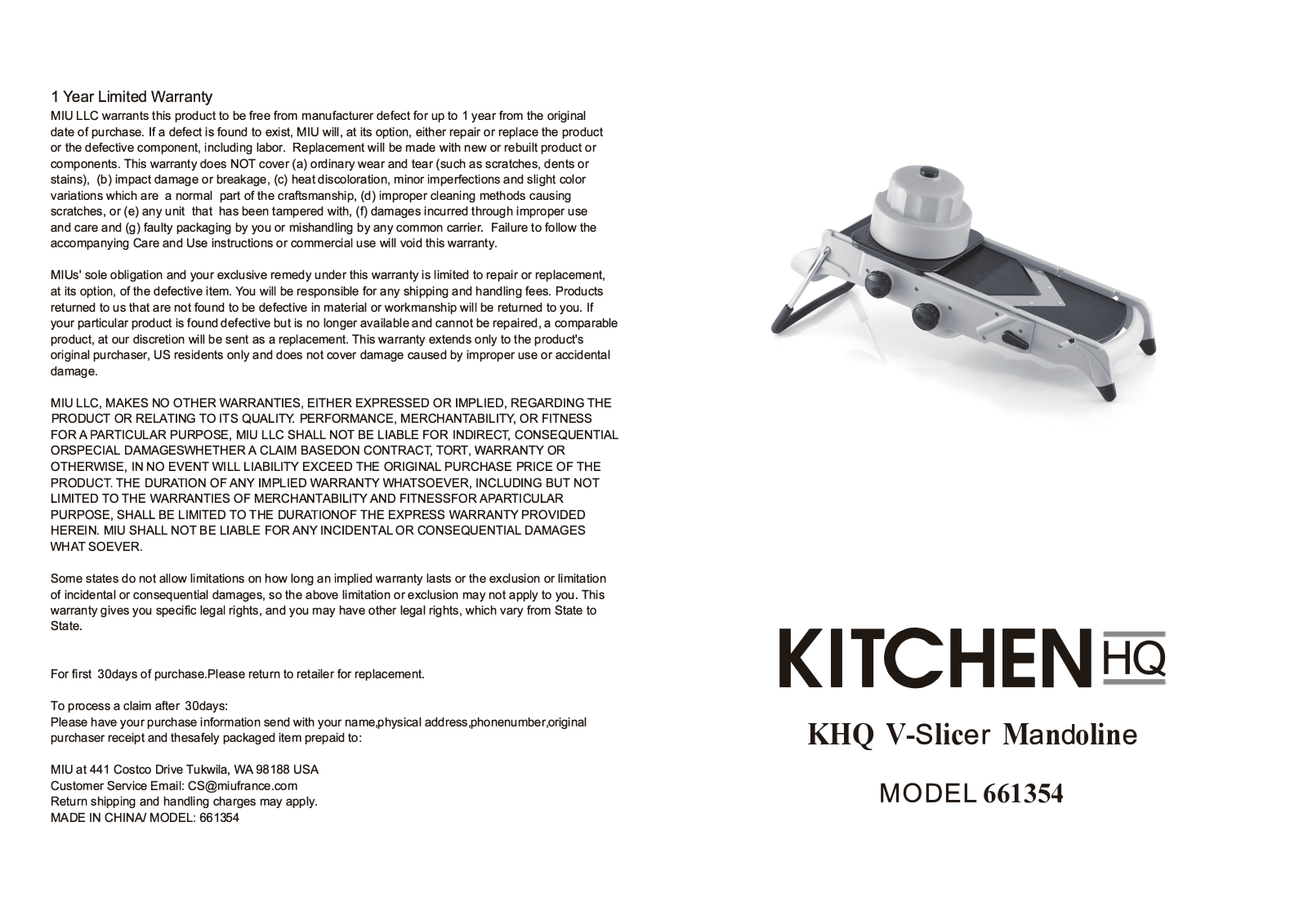 KITCHEN Ha KHQ V-slicer Mandoline 661354 User Manual