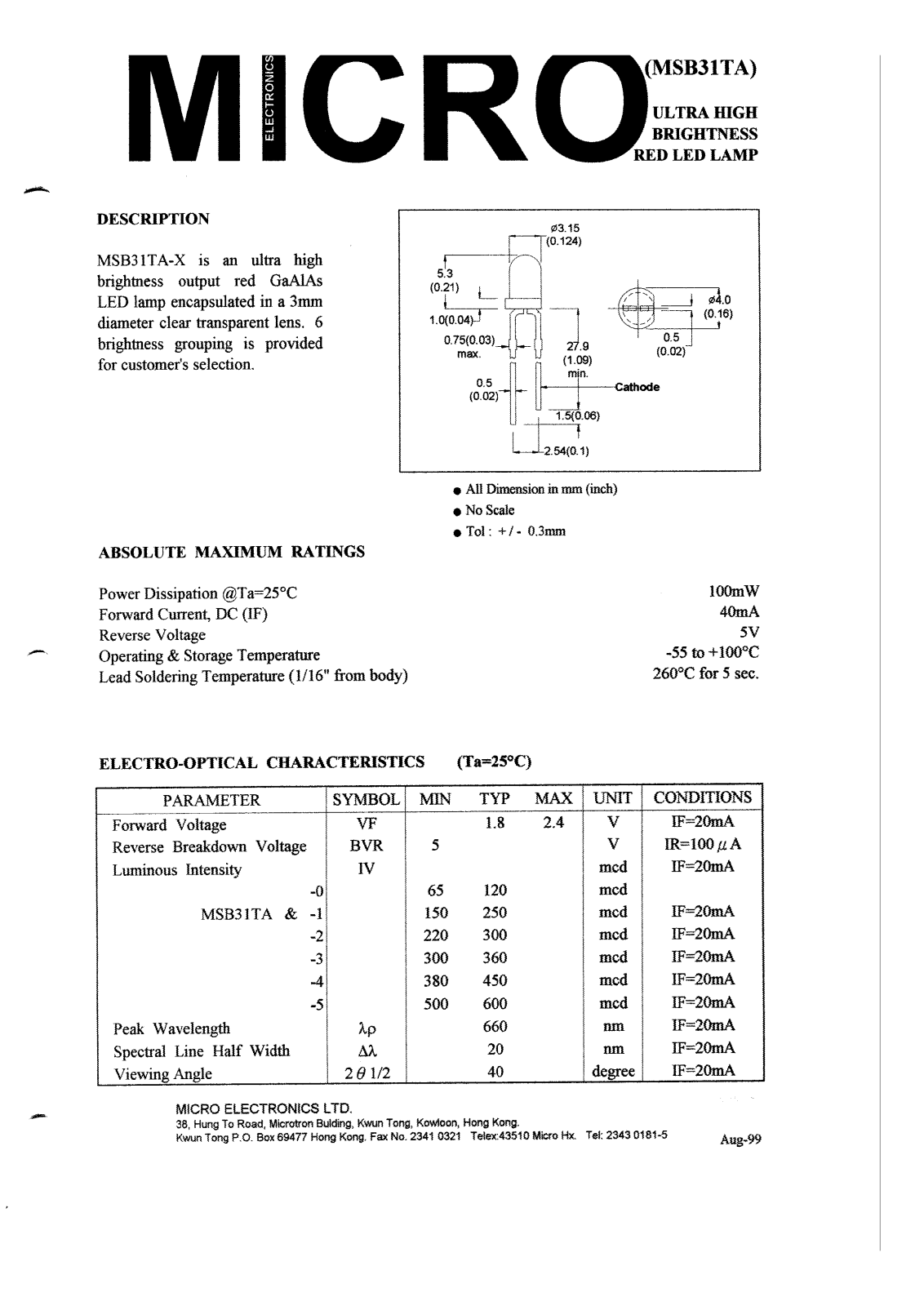 MICRO MSB31TA-4, MSB31TA-5, MSB31TA-0, MSB31TA-1, MSB31TA-2 Datasheet