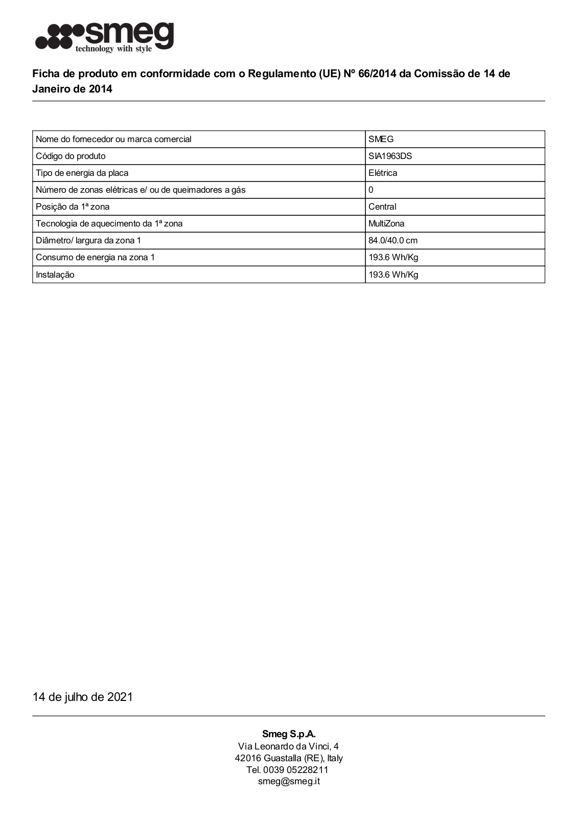 Smeg SIA1963DS Product Information Sheet