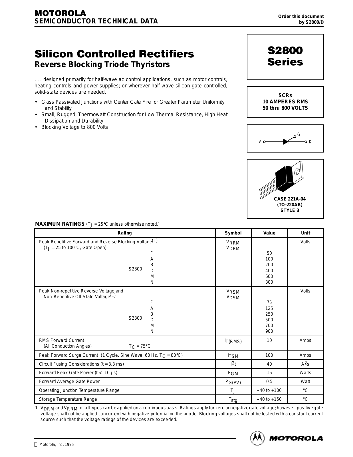 Motorola S2800A, S2800B, S2800D, S2800F, S2800M Datasheet