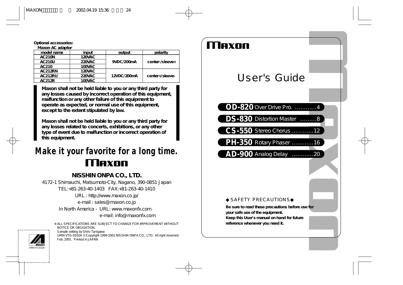 Maxon OD-820, DS-830, CS-550, PH-350, AD-900 User Guide