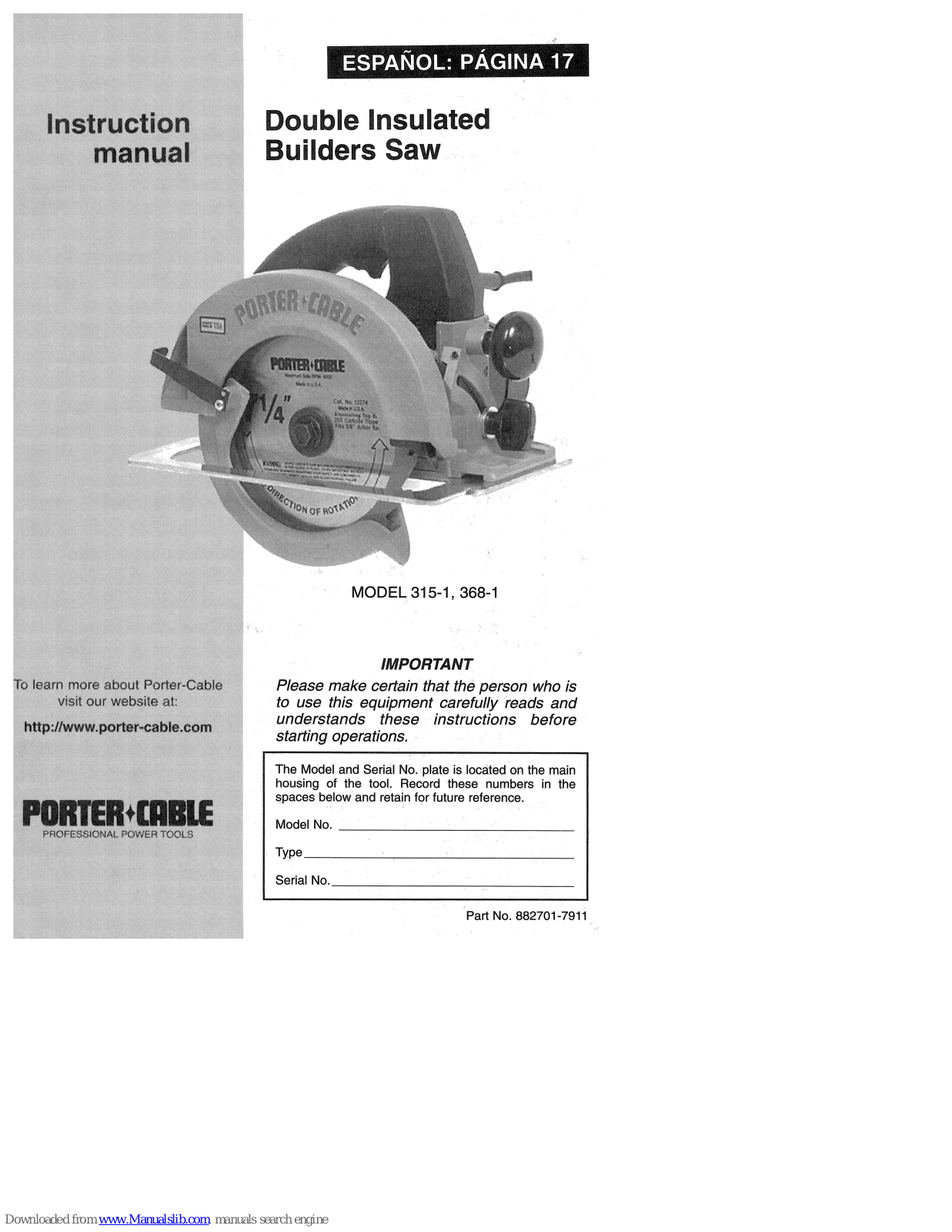 Porter-Cable 315-1, 368-1 Instruction Manual