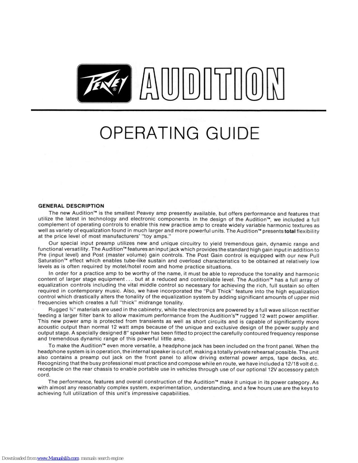 Peavey Audition Audition 110, Audition Audition Chorus, Audition Audition 30, Audition Audition Plus, Audition User Manual