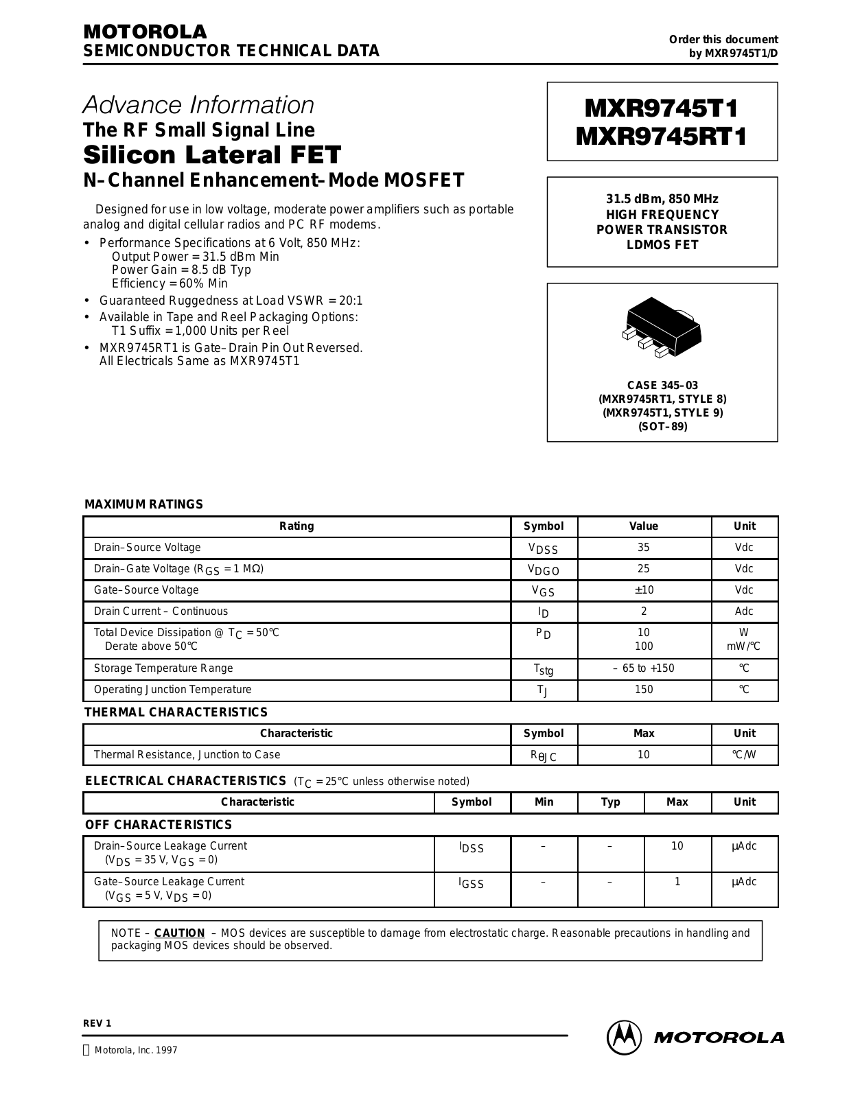 Motorola MXR9745RT1, MXR9745T1 Datasheet