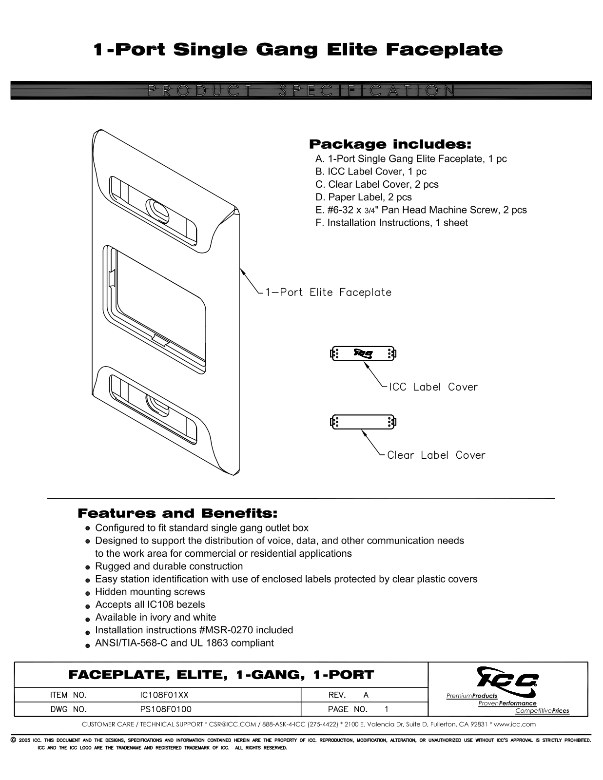 ICC IC108F01IV, IC108F01WH Specsheet