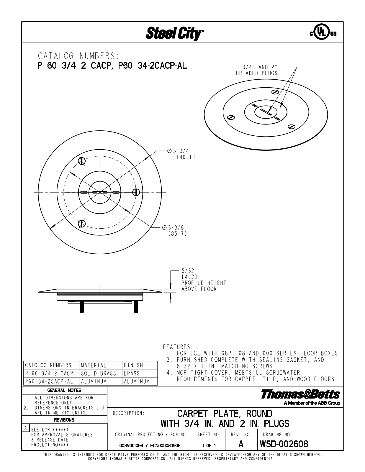 Thomas & Betts P 60 3/4 2 CACP, P60 34-2CACP-A Reference Drawing - ManualMachine.com
