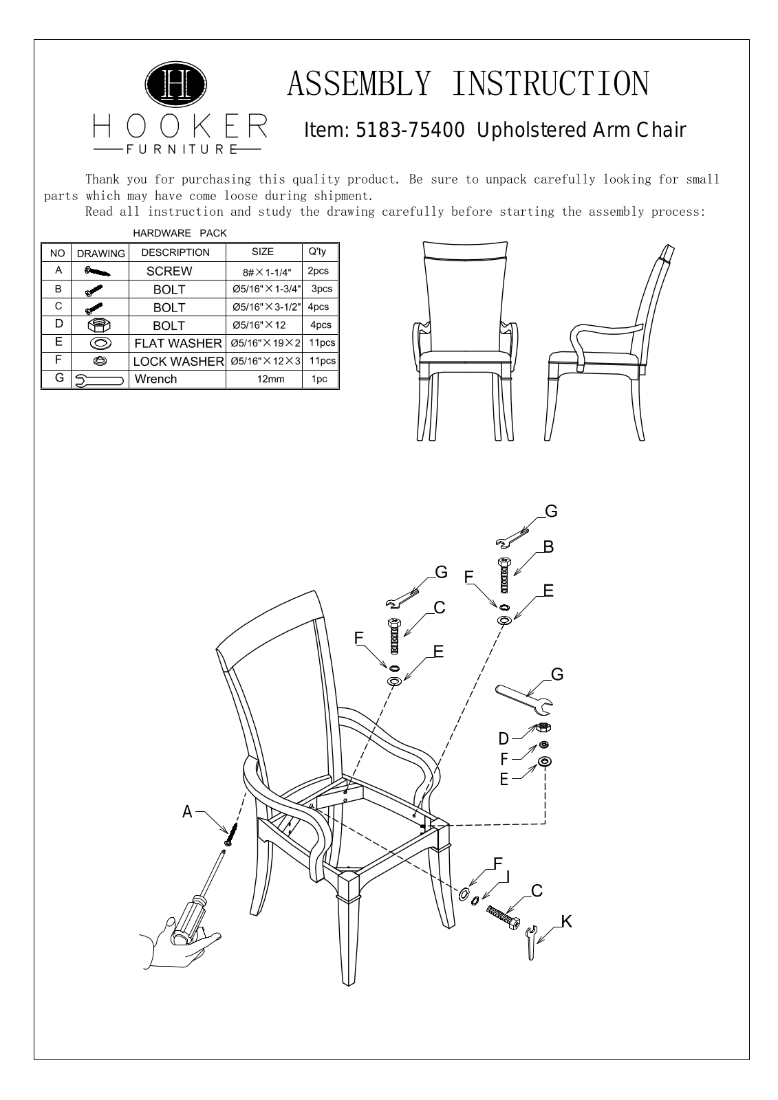 Hooker Furniture 518375400 Assembly Guide