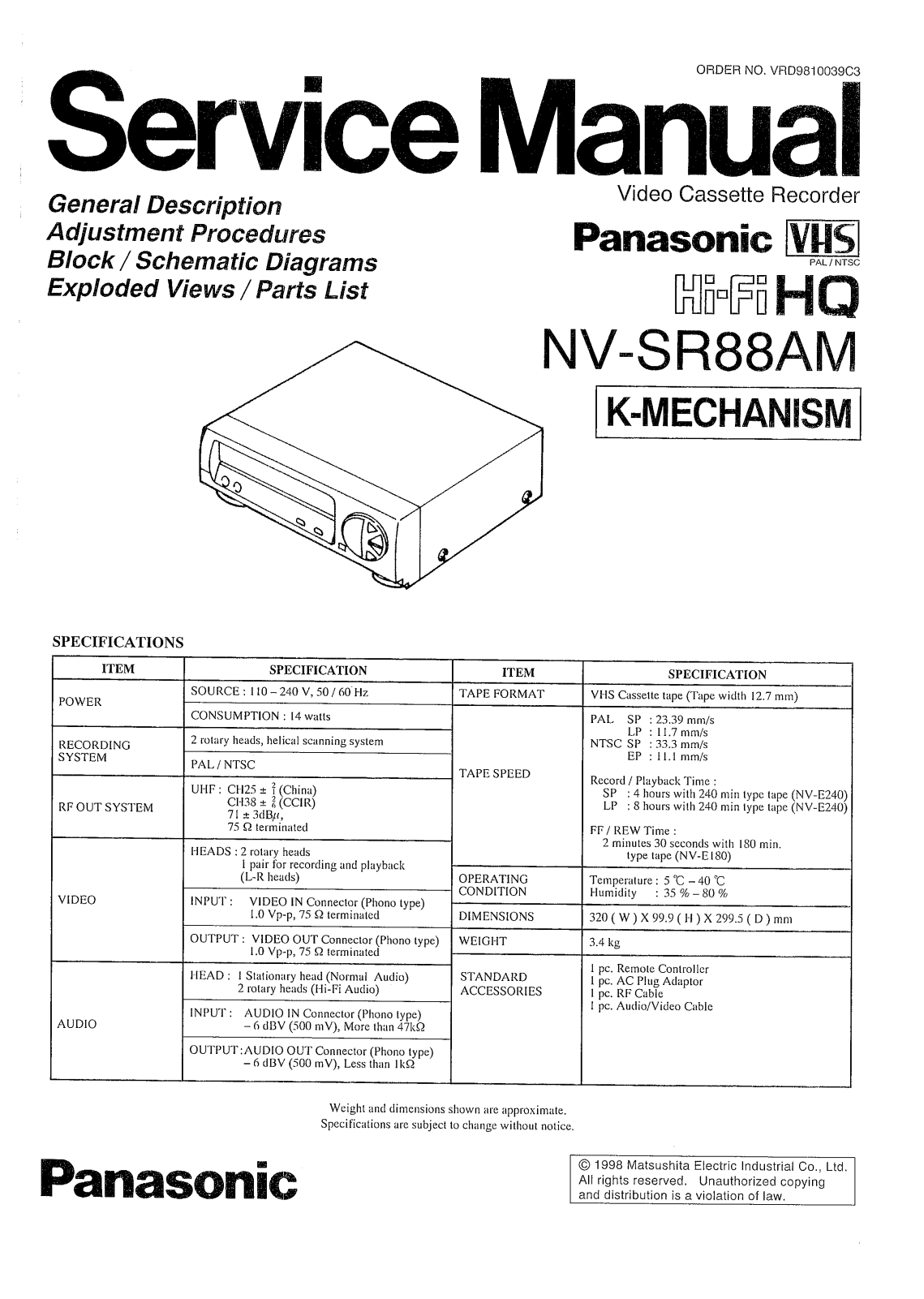 PANASONIC NV-SR88 Service Manual