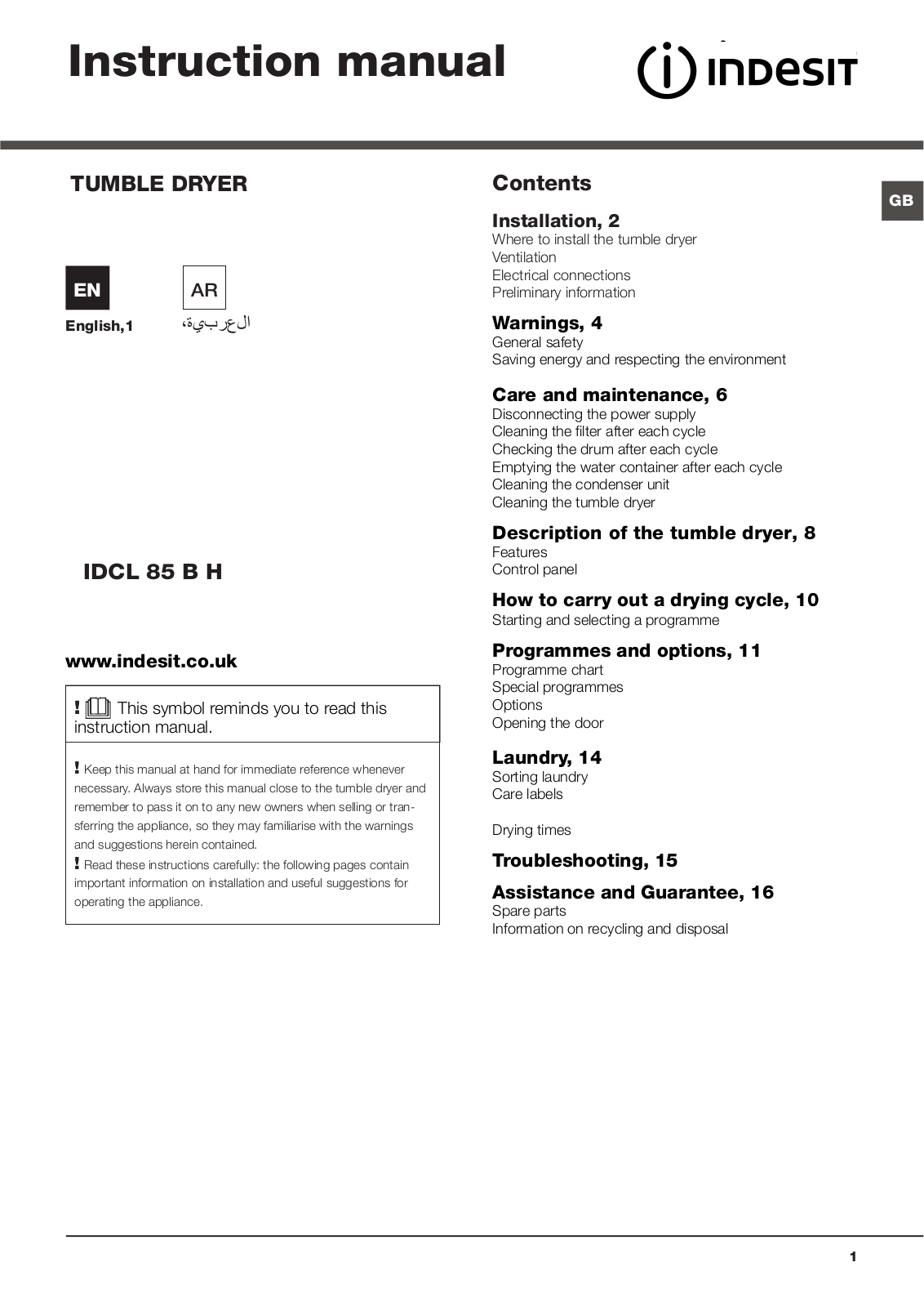 Indesit IDCL 85 B H Instruction manual