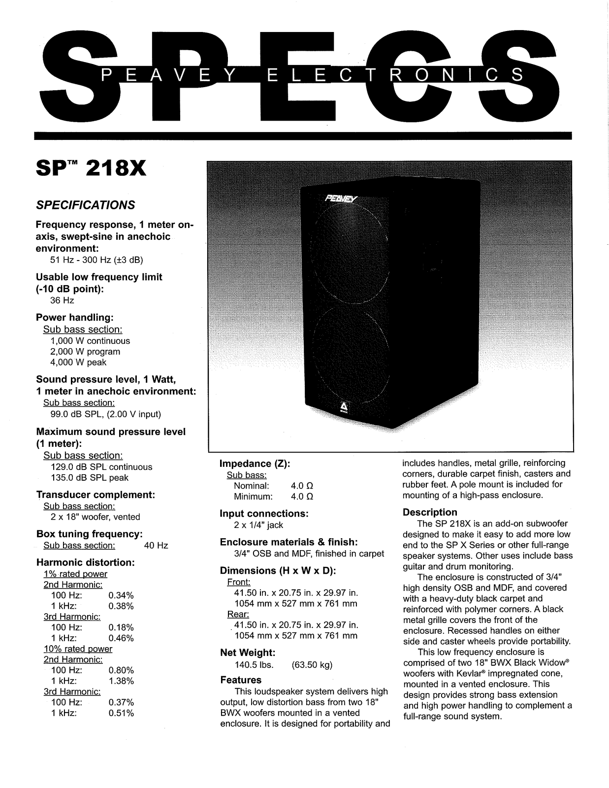 Peavey SP 218X DATASHEET