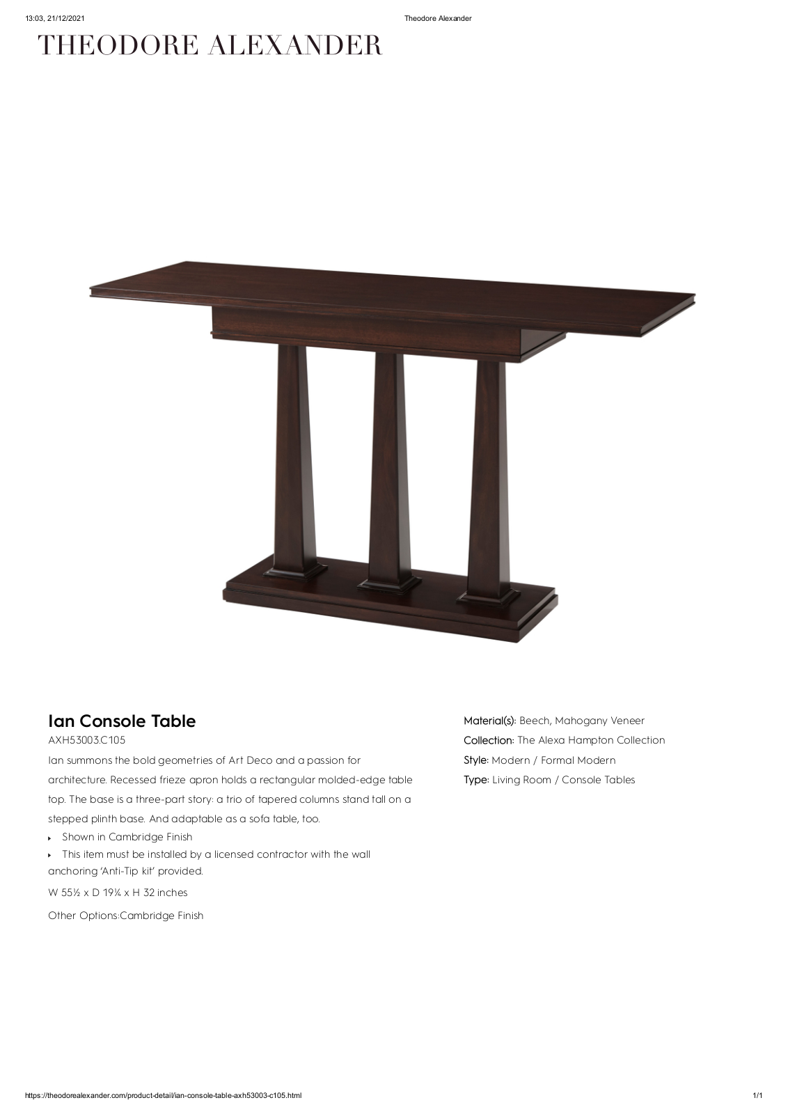 Theodore Alexander FPLJ3575 Specifications - ManualMachine.com
