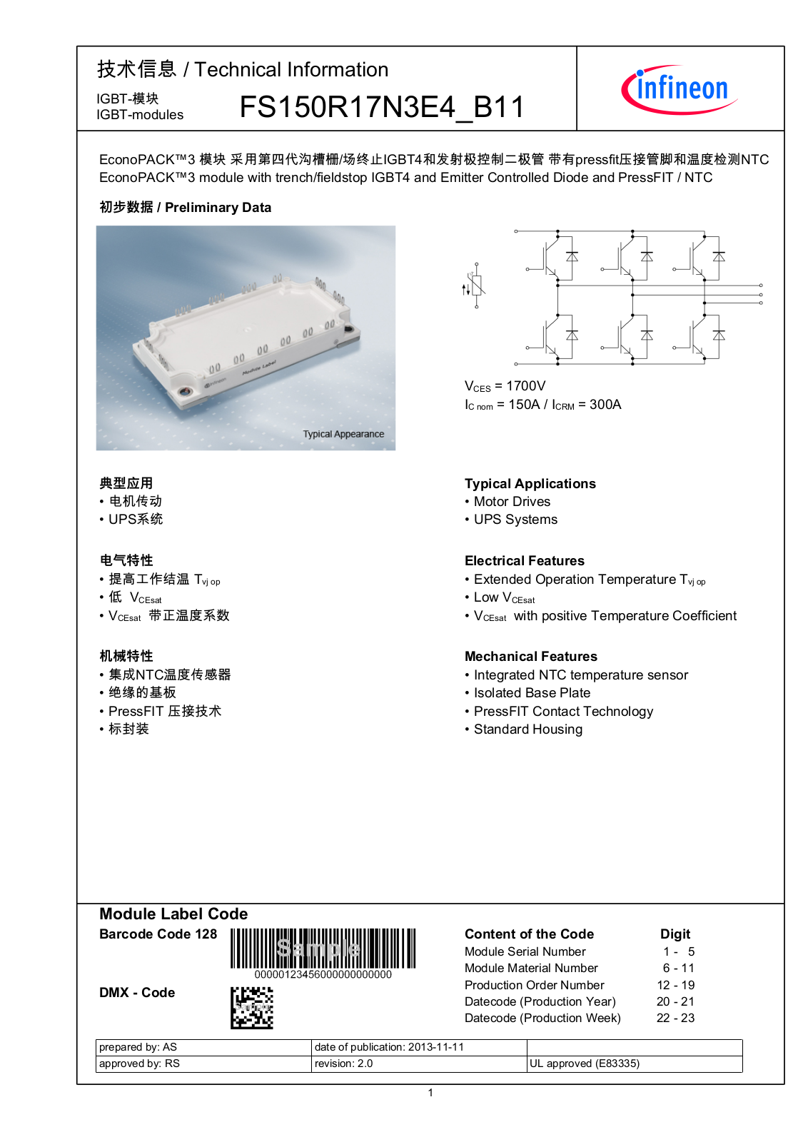 Infineon FS150R17N3E4-B11 Data Sheet