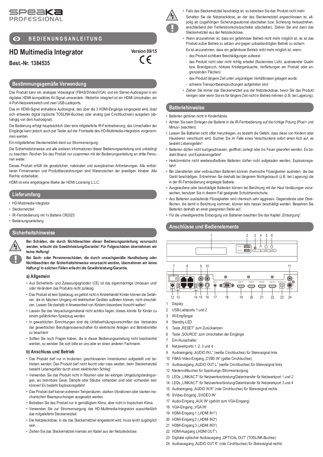 SpeaKa Professional 1384535 Instructions