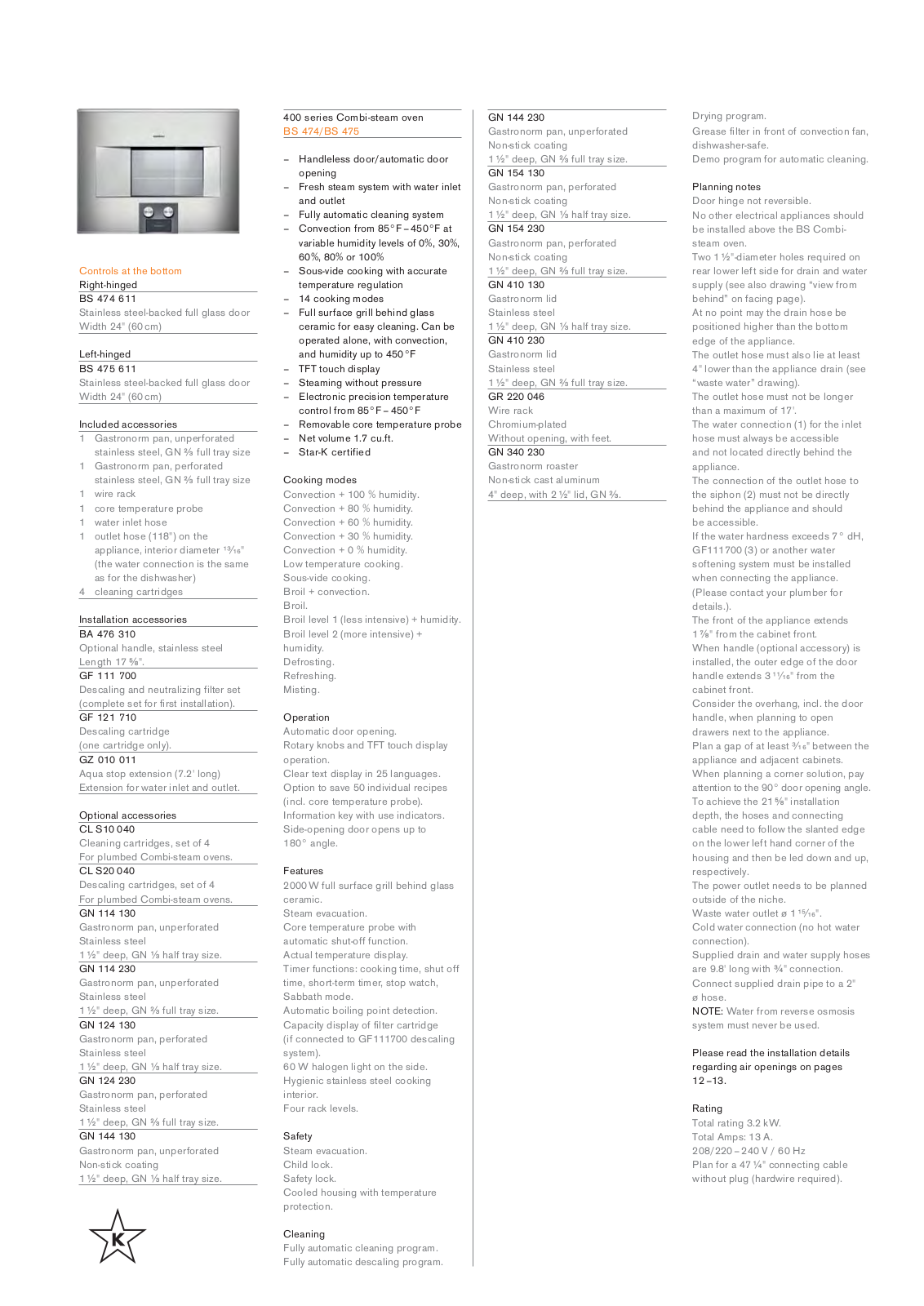 Gaggenau BS474611 Product specification sheet