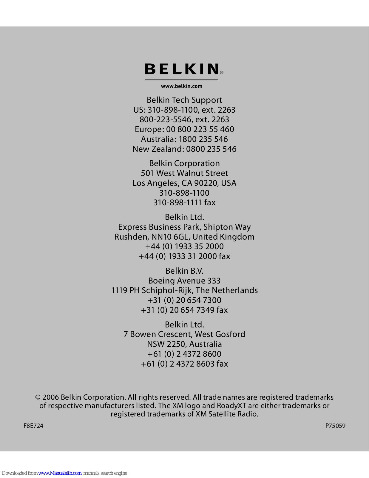 Belkin P75059, TunePower XM User Manual