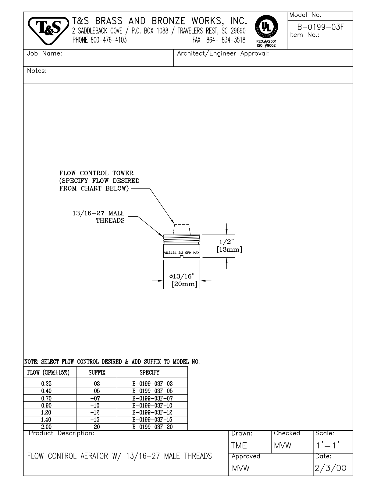 T & S Brass & Bronze Works B-0199-03F General Manual