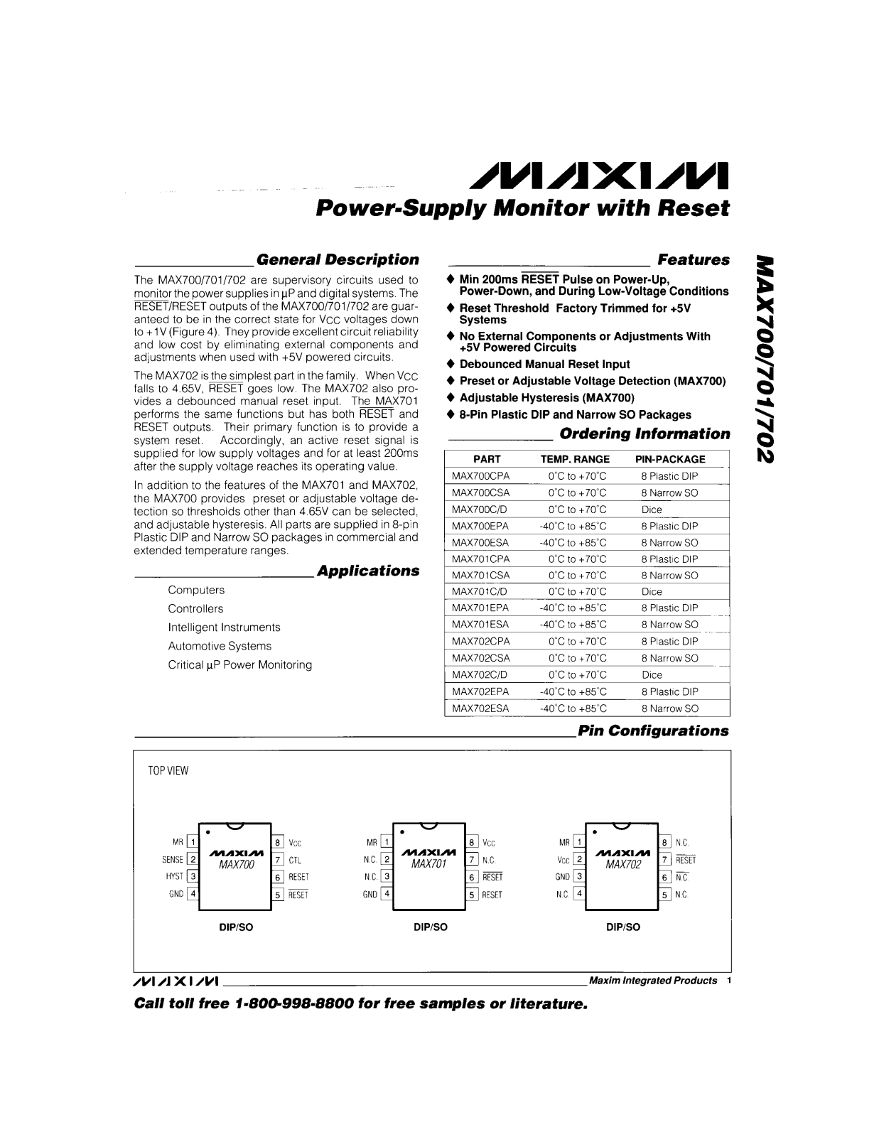 Maxim MAX701EPA, MAX700ESA, MAX701C-D, MAX701CPA, MAX700C-D Datasheet