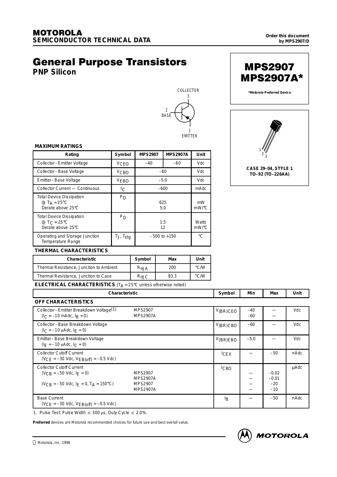 MOTOROLA MPS2907ARLRM, MPS2907ARLRP, MPS2907AZL1, MPS2907ARL, MPS2907ARL1 Datasheet