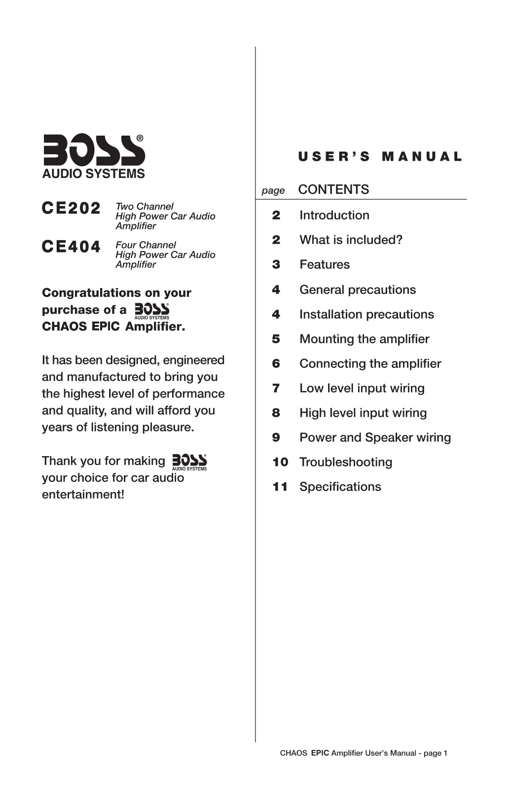 Boss Audio CHAOS EPIC CE202, CHAOS EPIC CE404 User Manual