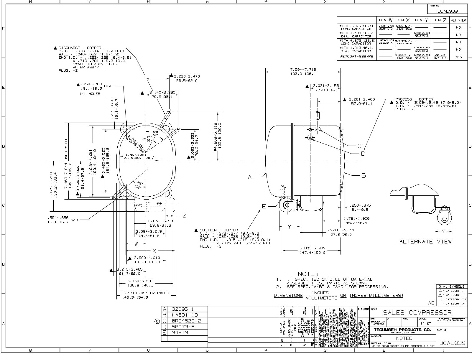 Tecumseh AEA2413YXC, AEA2413YXA Drawing Data