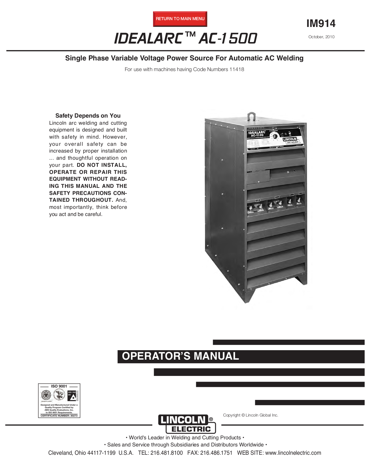 Lincoln Electric AC-1500 User Manual