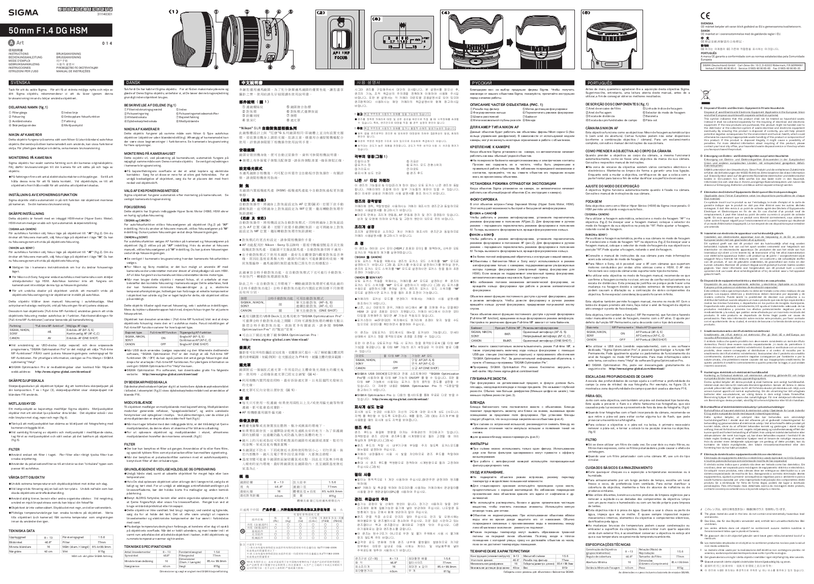 Sigma AF 50 F/1.4 DG HSM User Manual