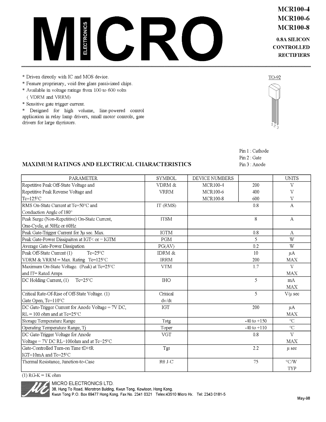 MICRO MCR100-4, MCR100-8, MCR100-6 Datasheet