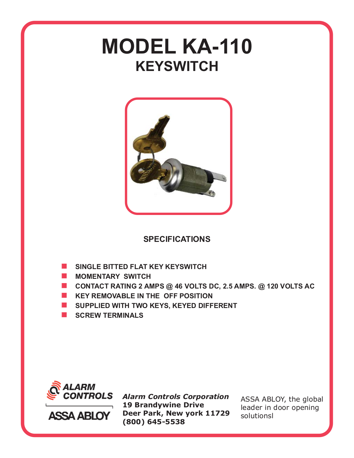 Alarm Controls KA-110 Specsheet