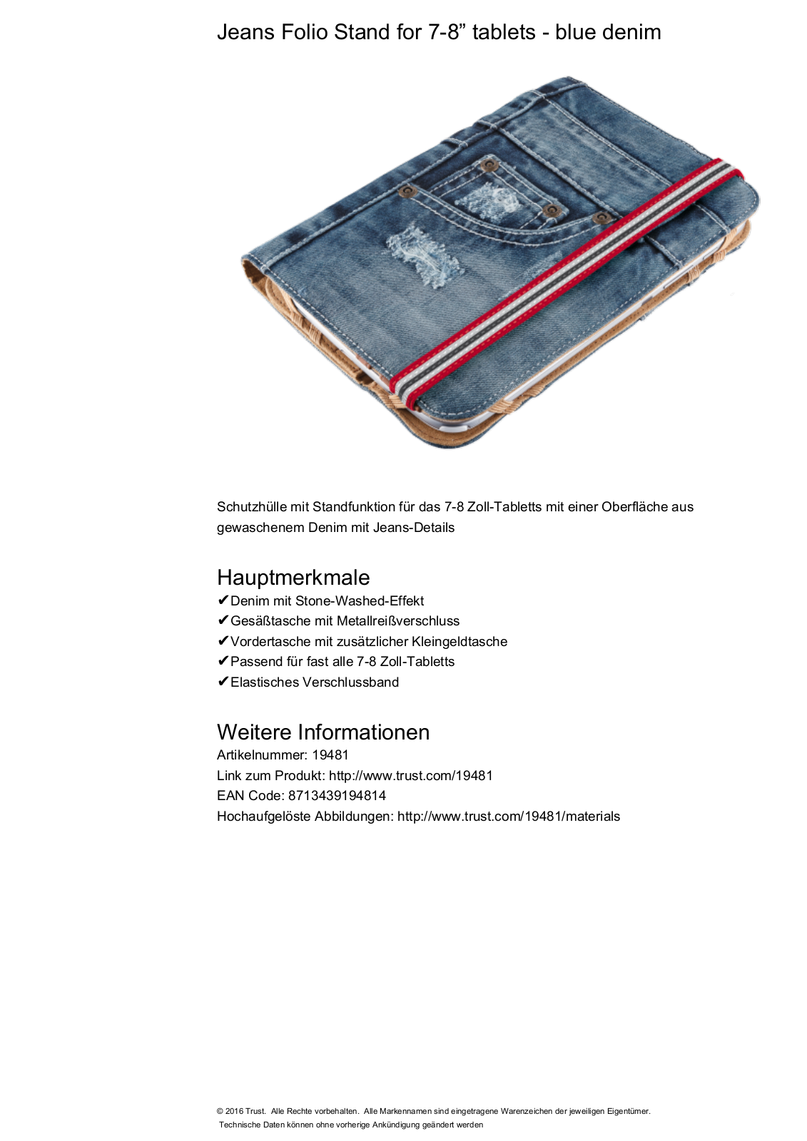 Trust Jeans Folio Stand for 7-8” tablets User Manual