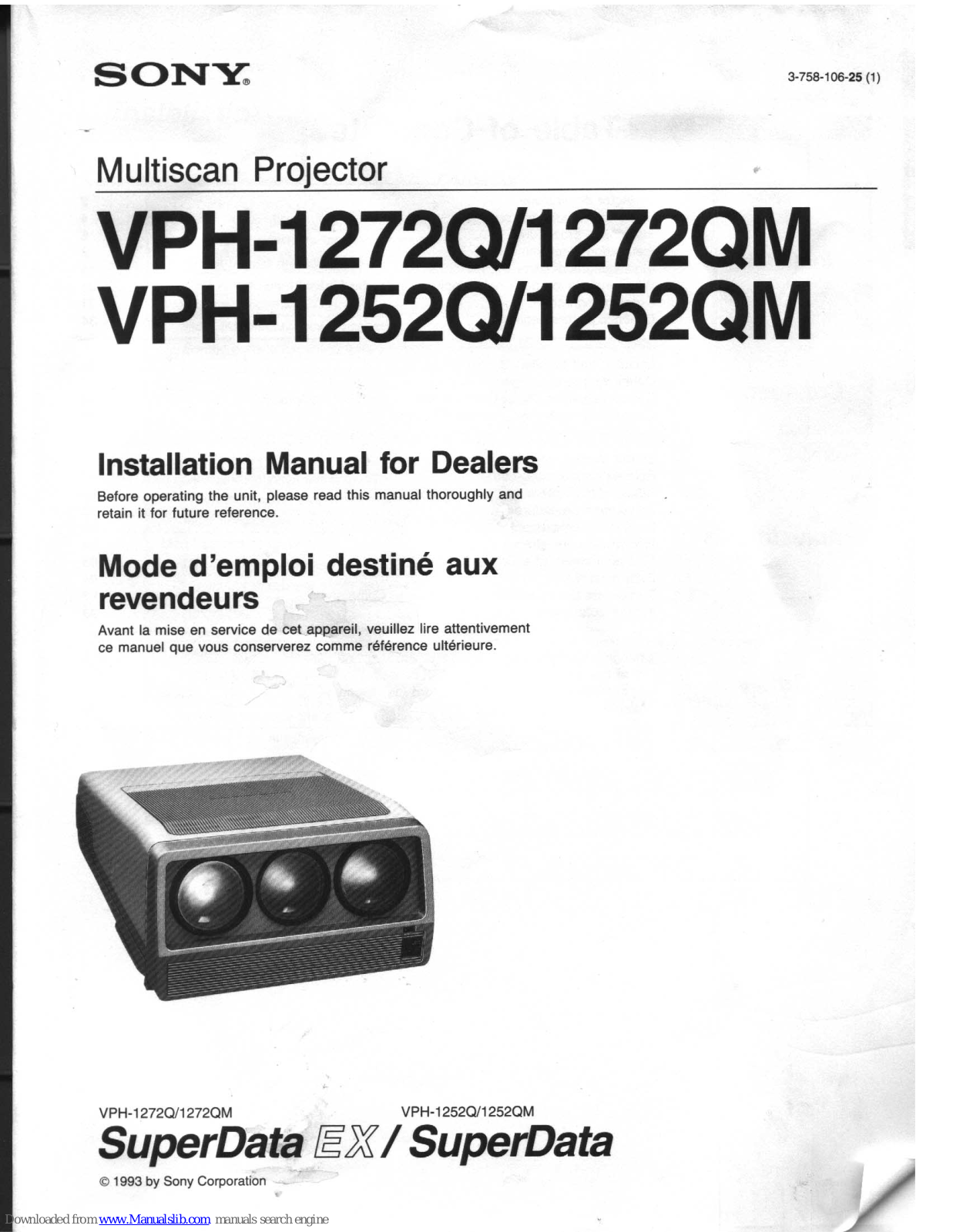 Sony VPH-1272Q, VPH-1272QM, VPH-1252QM, VPH-1252Q Installation Manual