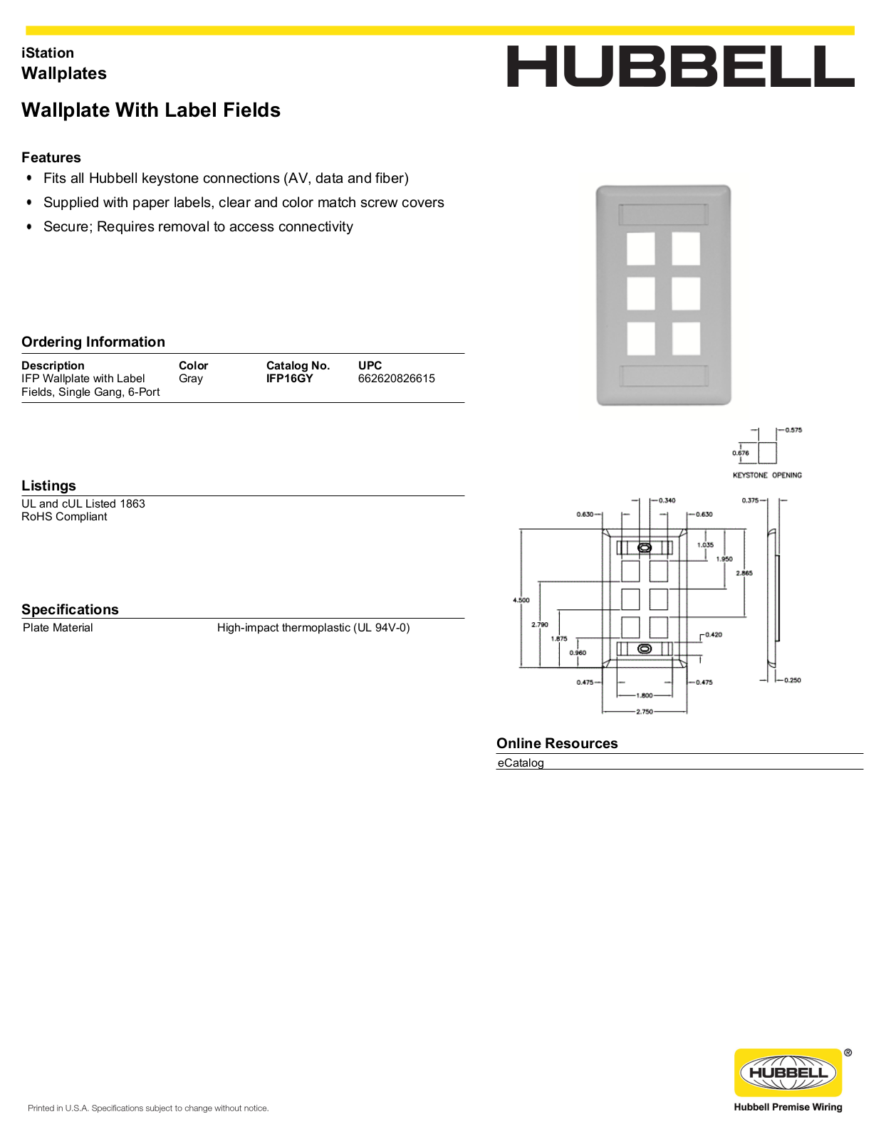 Hubbell IFP16GY Specifications