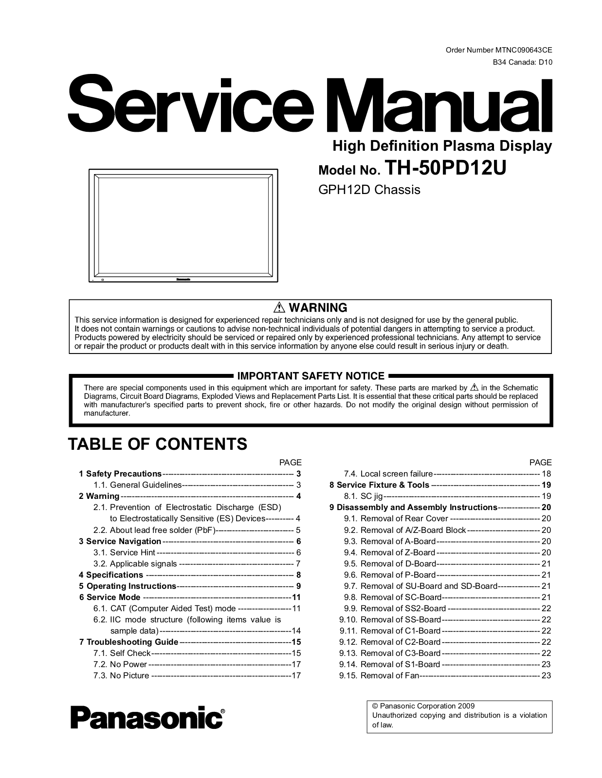 Panasonic TH-50PD12U Service manual