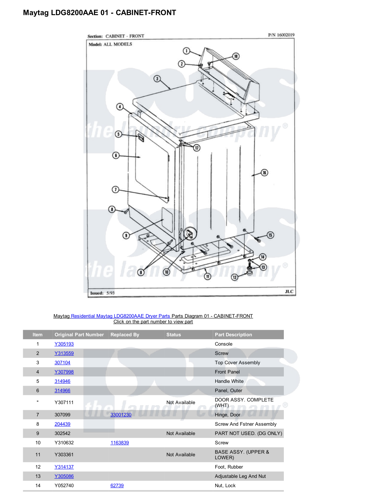 Maytag LDG8200AAE Parts Diagram