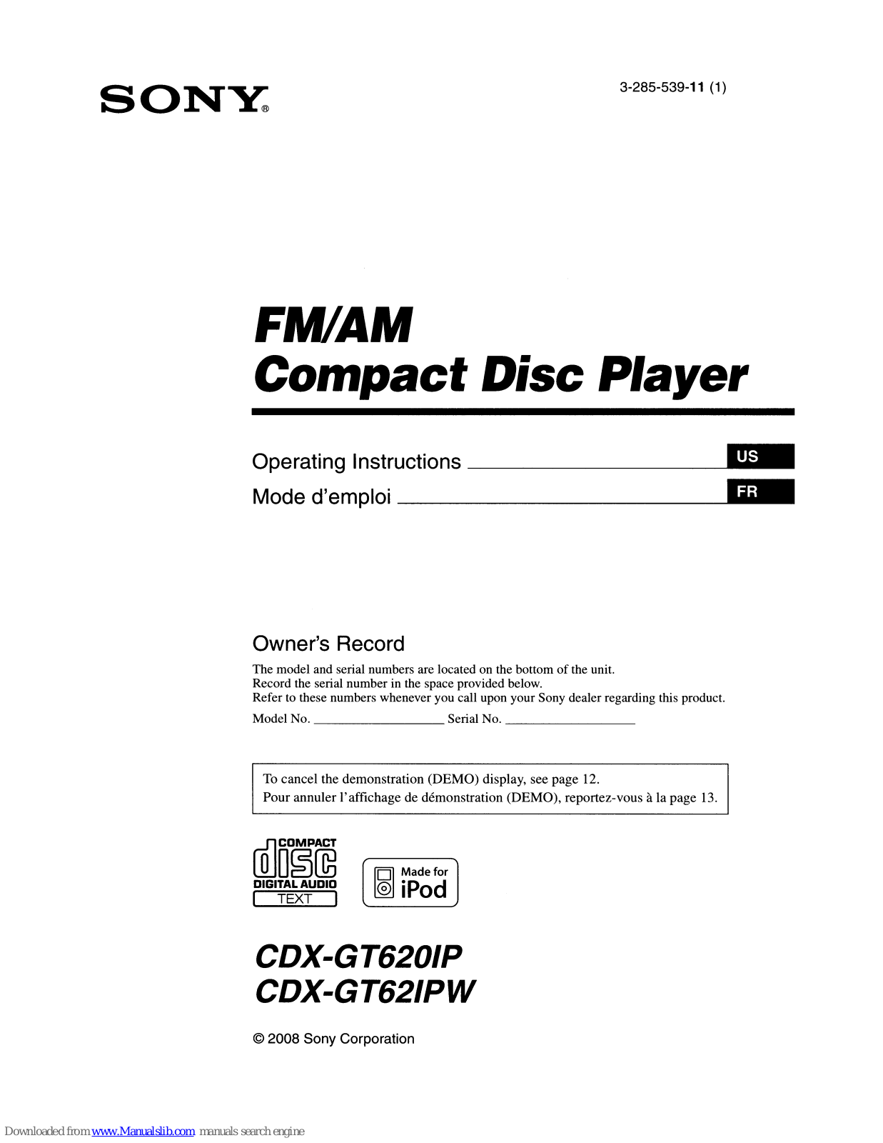 Sony CDX-GT620, CDX-GT620P, CDX-GT62, CDX-GT62PW, CDX-GT620IP Operating Instructions Manual - ManualMachine.com