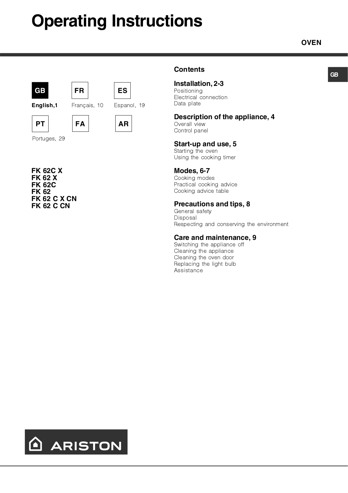 Hotpoint FK 62 C X CN, FK 62 X, FK 62 C X User Manual