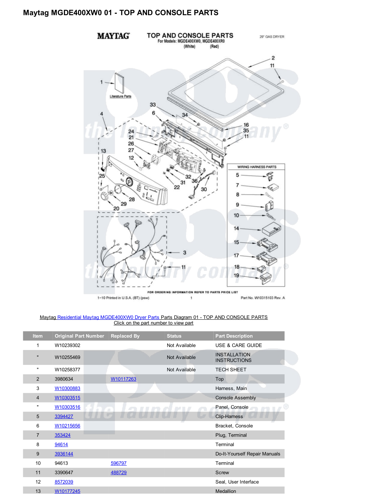 Maytag MGDE400XW0 Parts Diagram