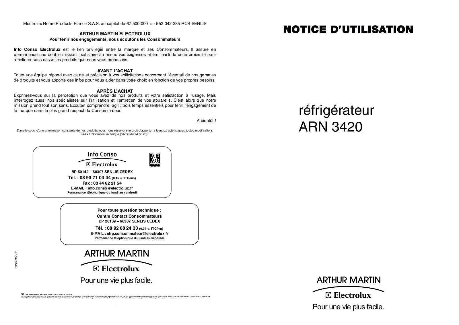 ARTHUR MARTIN ARN3420 User Manual