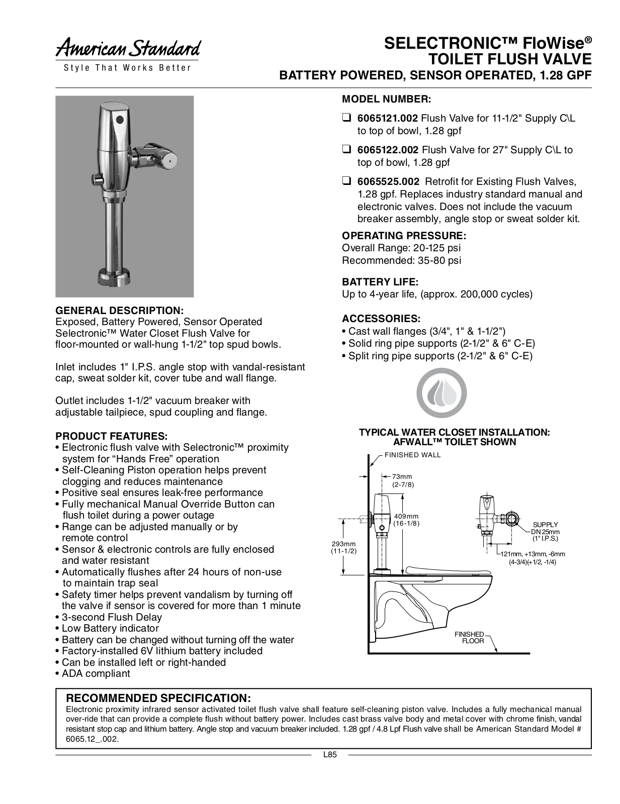 American Standard 6065121.002, 6065122.002, 6065525.002 User Manual