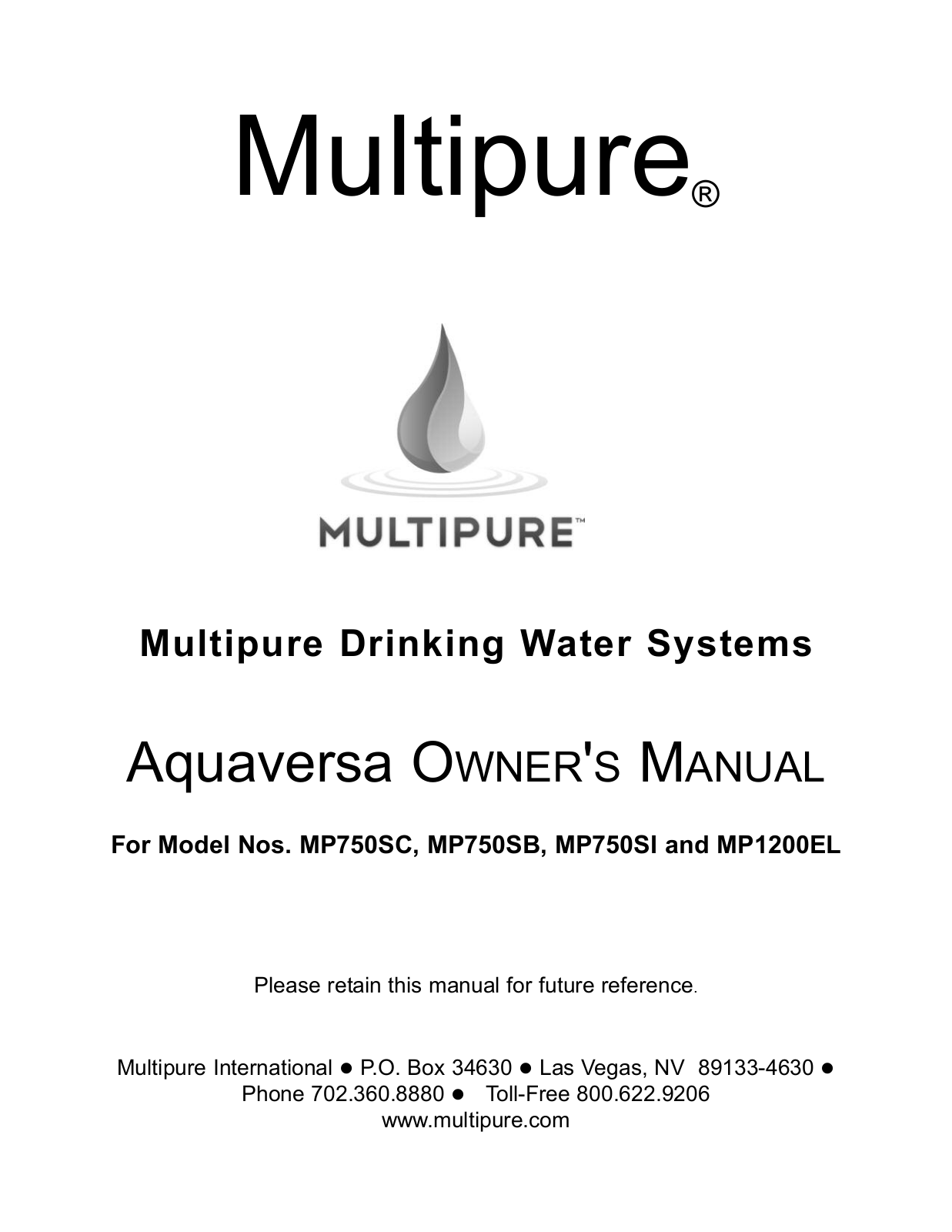 Multipure MP750SI, MP750SC, MP750SB, MP1200EL User Manual