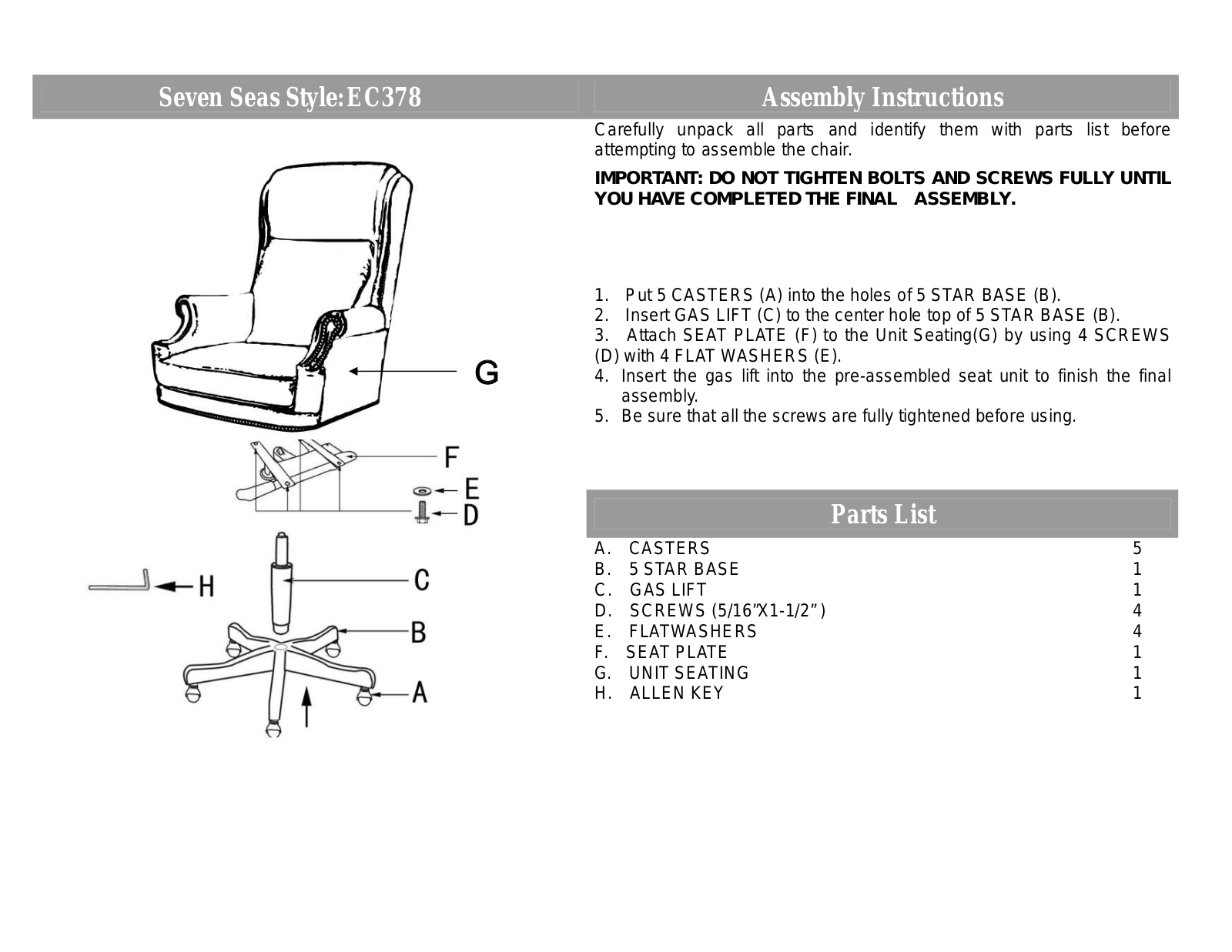 Hooker Furniture EC378089 Assembly Guide