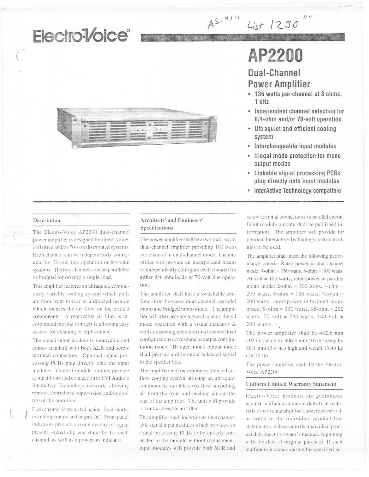 Electro-Voice AP2200 User Manual