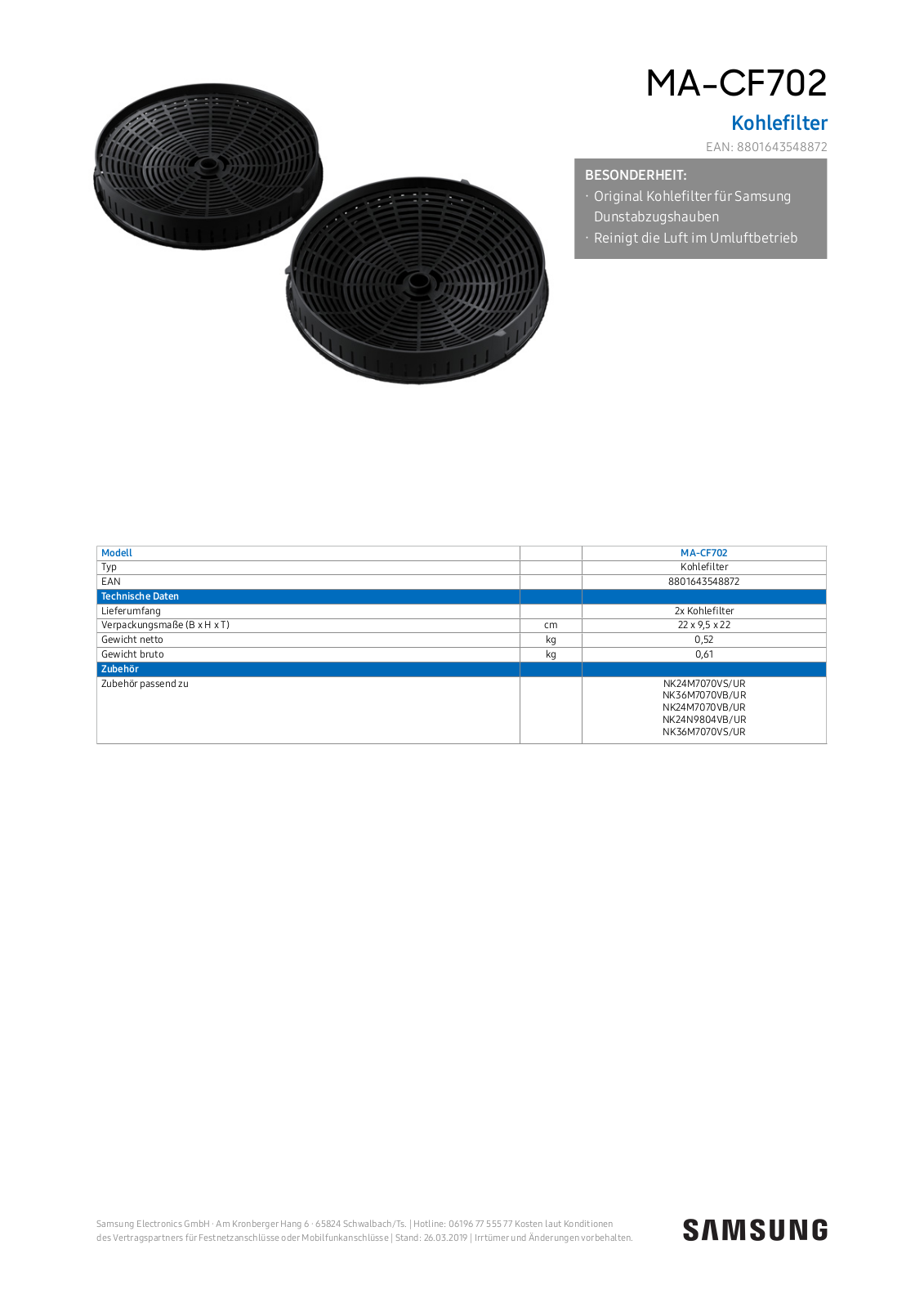 Samsung MA-CF702 Technical data